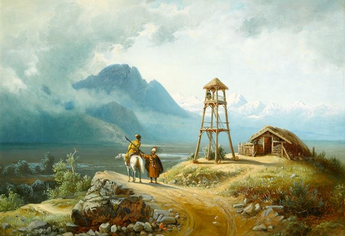 Paul von Franken - A Mountainous Landscape with a Horseman by a Tower | MasterArt